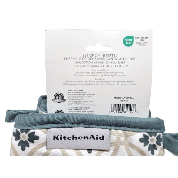 NEW KitchenAid Mini Oven Mitts Floral Tile Pattern [Blue & Gray] (Set of 2) - Picture 4 of 4